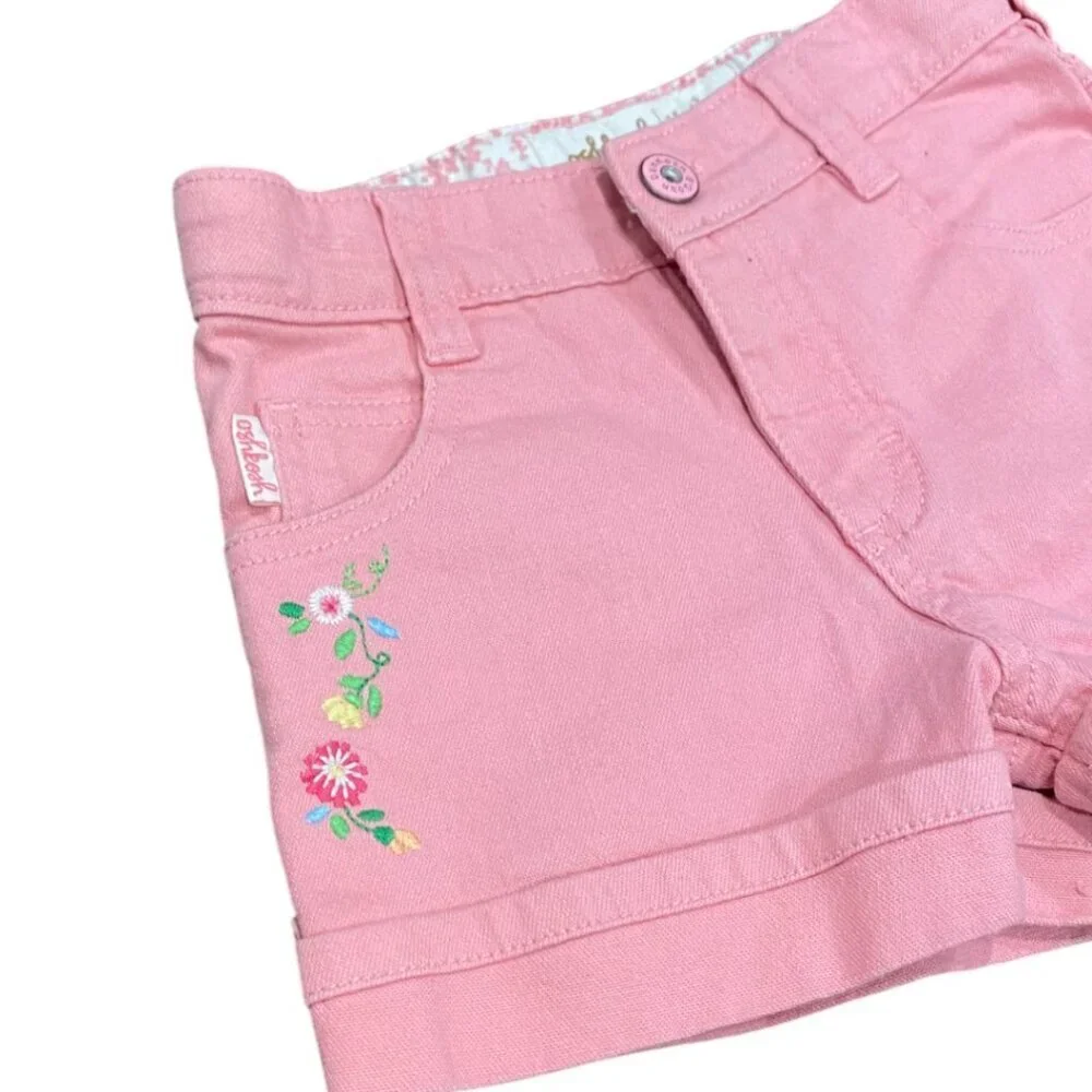 OshKosh B'gosh Pink Cuffed Shorts with Floral Embroidery Girls Size 6
